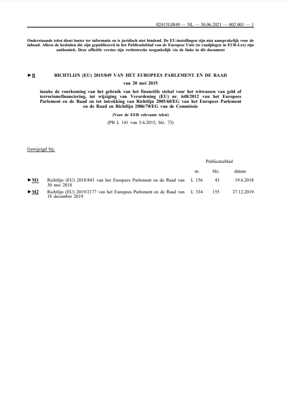 Richtlijn (EU) 2015/849 - geconsolideerde versie