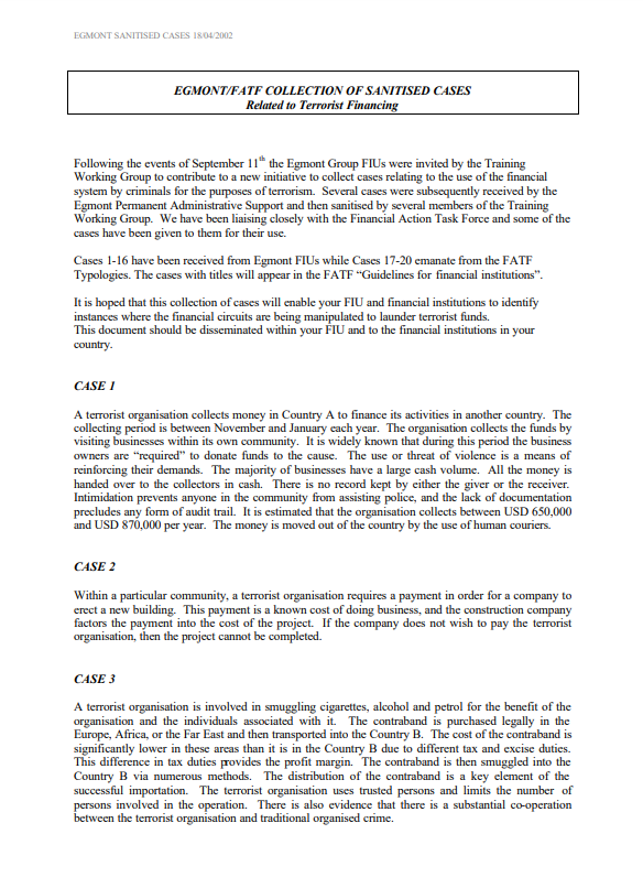 Collection of 20 sanitised cases related to terrorist financing (18/04/2002 - enkel beschikbaar in het Engels)